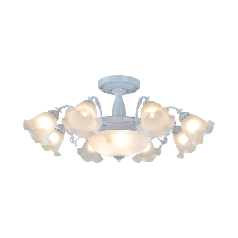 11-Head Opal Glass Semi Flush Lighting Farmhouse White/Black Finish Floral Living Room Ceiling Flush Clearhalo 'Ceiling Lights' 'Close To Ceiling Lights' 'Close to ceiling' 'Glass shade' 'Glass' 'Semi-flushmount' Lighting' 808708