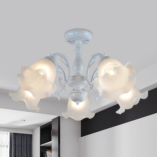 3/5-Light Flower Semi-Flush Ceiling Light Countryside White/Black Finish Cream Glass Flush Mounted Lamp 5 White Clearhalo 'Ceiling Lights' 'Close To Ceiling Lights' 'Close to ceiling' 'Glass shade' 'Glass' 'Semi-flushmount' Lighting' 808722