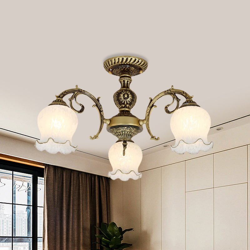 Frosted White Glass Bronze Semi Flush Lamp Flower 3/5/6-Bulb Antiqued Flush Ceiling Lighting 3 Bronze Clearhalo 'Ceiling Lights' 'Close To Ceiling Lights' 'Close to ceiling' 'Glass shade' 'Glass' 'Semi-flushmount' Lighting' 808726