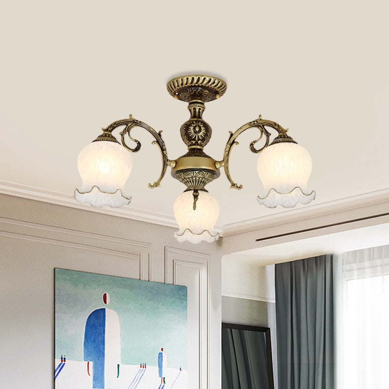 Frosted White Glass Bronze Semi Flush Lamp Flower 3/5/6-Bulb Antiqued Flush Ceiling Lighting Clearhalo 'Ceiling Lights' 'Close To Ceiling Lights' 'Close to ceiling' 'Glass shade' 'Glass' 'Semi-flushmount' Lighting' 808727