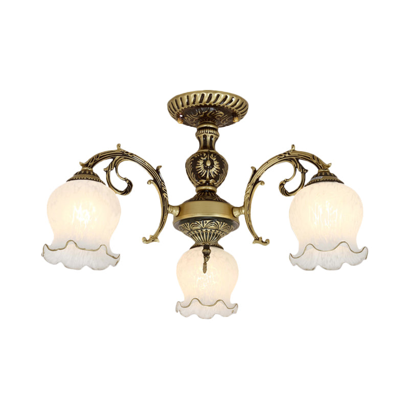 Frosted White Glass Bronze Semi Flush Lamp Flower 3/5/6-Bulb Antiqued Flush Ceiling Lighting Clearhalo 'Ceiling Lights' 'Close To Ceiling Lights' 'Close to ceiling' 'Glass shade' 'Glass' 'Semi-flushmount' Lighting' 808728