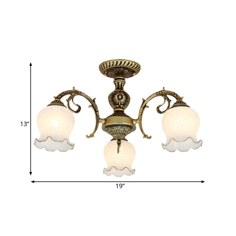 Frosted White Glass Bronze Semi Flush Lamp Flower 3/5/6-Bulb Antiqued Flush Ceiling Lighting Clearhalo 'Ceiling Lights' 'Close To Ceiling Lights' 'Close to ceiling' 'Glass shade' 'Glass' 'Semi-flushmount' Lighting' 808729