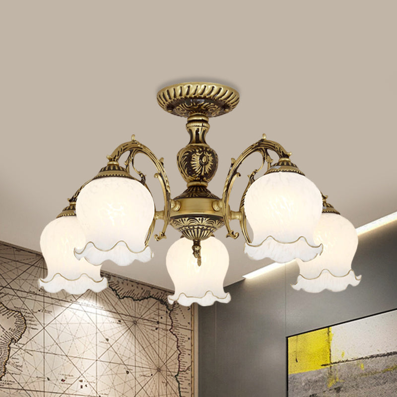 Frosted White Glass Bronze Semi Flush Lamp Flower 3/5/6-Bulb Antiqued Flush Ceiling Lighting 5 Bronze Clearhalo 'Ceiling Lights' 'Close To Ceiling Lights' 'Close to ceiling' 'Glass shade' 'Glass' 'Semi-flushmount' Lighting' 808730