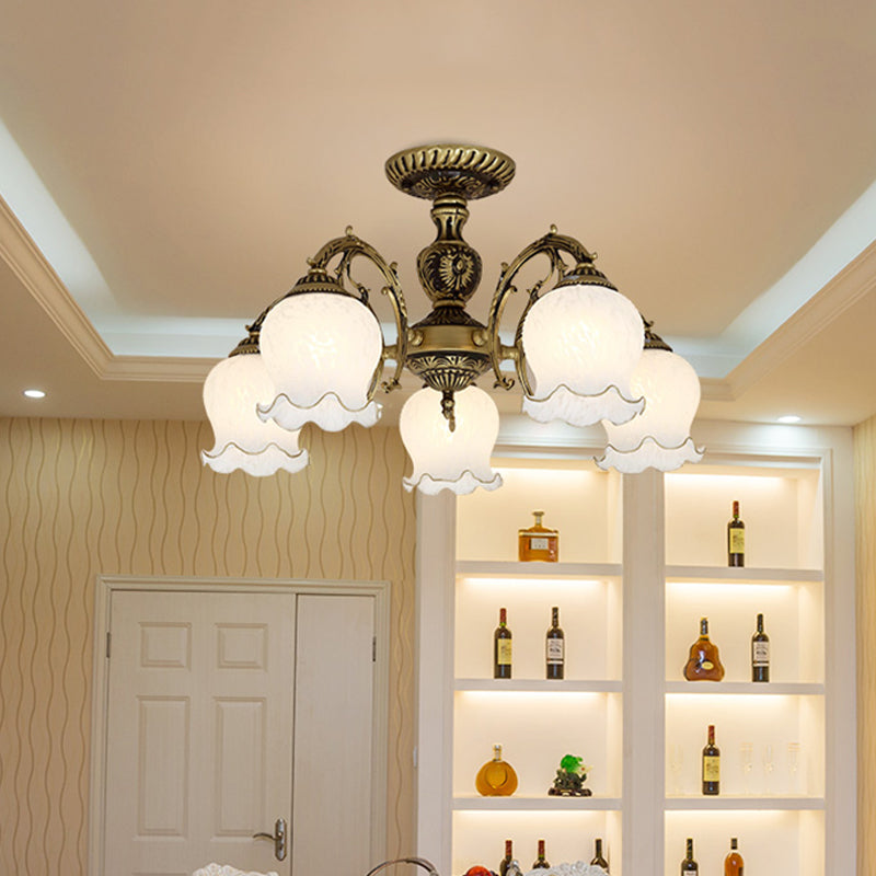 Frosted White Glass Bronze Semi Flush Lamp Flower 3/5/6-Bulb Antiqued Flush Ceiling Lighting Clearhalo 'Ceiling Lights' 'Close To Ceiling Lights' 'Close to ceiling' 'Glass shade' 'Glass' 'Semi-flushmount' Lighting' 808732