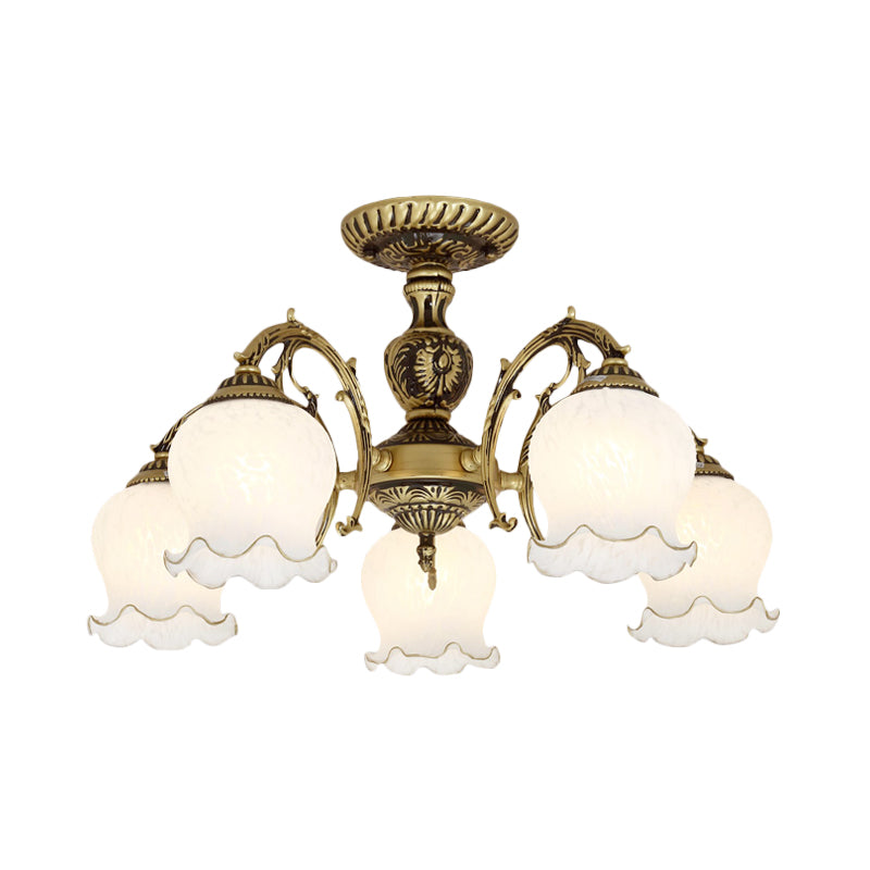 Frosted White Glass Bronze Semi Flush Lamp Flower 3/5/6-Bulb Antiqued Flush Ceiling Lighting Clearhalo 'Ceiling Lights' 'Close To Ceiling Lights' 'Close to ceiling' 'Glass shade' 'Glass' 'Semi-flushmount' Lighting' 808733