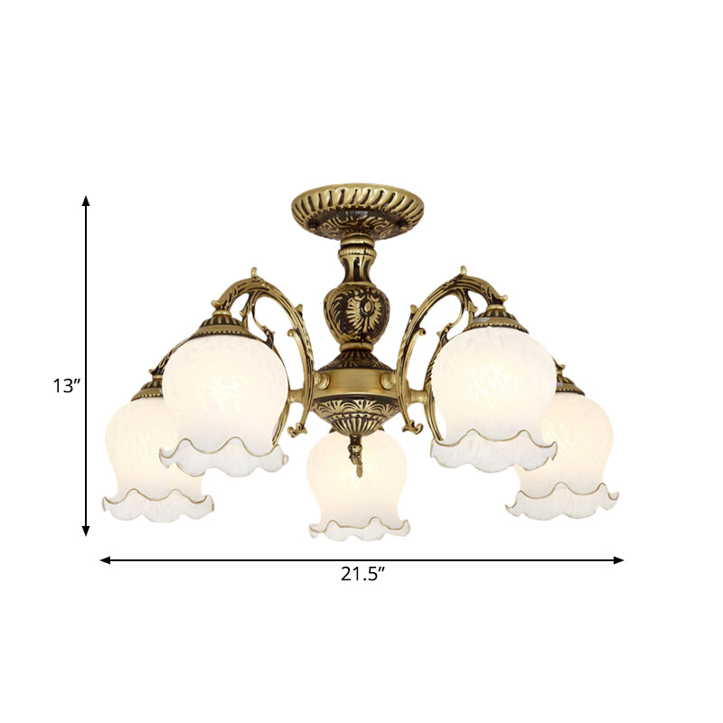 Frosted White Glass Bronze Semi Flush Lamp Flower 3/5/6-Bulb Antiqued Flush Ceiling Lighting Clearhalo 'Ceiling Lights' 'Close To Ceiling Lights' 'Close to ceiling' 'Glass shade' 'Glass' 'Semi-flushmount' Lighting' 808734