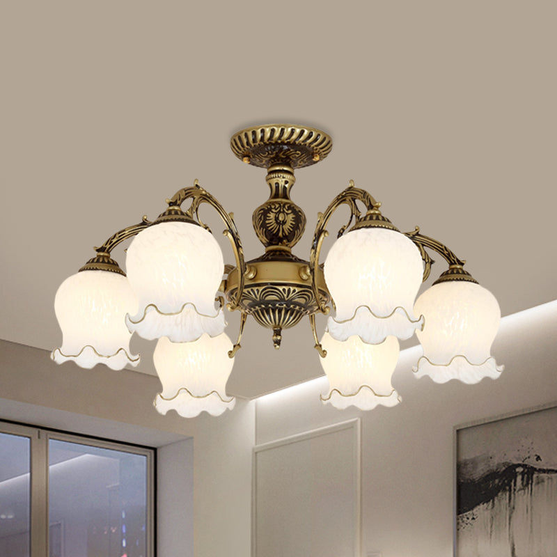 Frosted White Glass Bronze Semi Flush Lamp Flower 3/5/6-Bulb Antiqued Flush Ceiling Lighting 6 Bronze Clearhalo 'Ceiling Lights' 'Close To Ceiling Lights' 'Close to ceiling' 'Glass shade' 'Glass' 'Semi-flushmount' Lighting' 808735