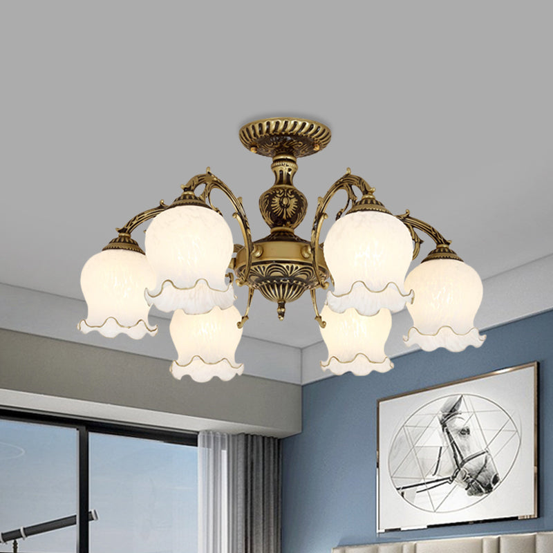 Frosted White Glass Bronze Semi Flush Lamp Flower 3/5/6-Bulb Antiqued Flush Ceiling Lighting Clearhalo 'Ceiling Lights' 'Close To Ceiling Lights' 'Close to ceiling' 'Glass shade' 'Glass' 'Semi-flushmount' Lighting' 808736