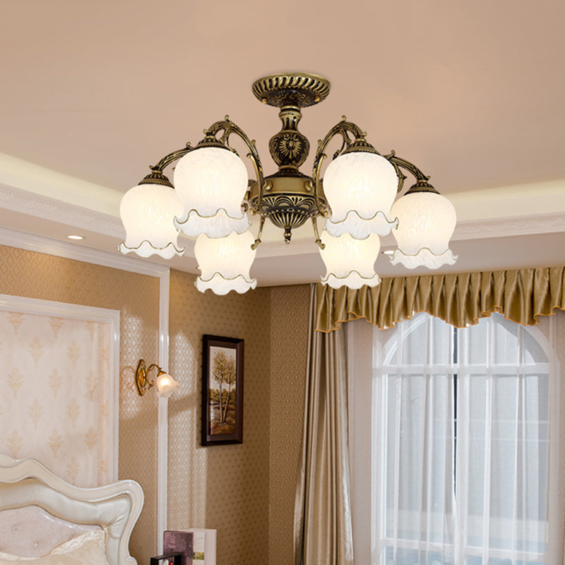 Frosted White Glass Bronze Semi Flush Lamp Flower 3/5/6-Bulb Antiqued Flush Ceiling Lighting Clearhalo 'Ceiling Lights' 'Close To Ceiling Lights' 'Close to ceiling' 'Glass shade' 'Glass' 'Semi-flushmount' Lighting' 808737