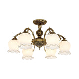 Frosted White Glass Bronze Semi Flush Lamp Flower 3/5/6-Bulb Antiqued Flush Ceiling Lighting Clearhalo 'Ceiling Lights' 'Close To Ceiling Lights' 'Close to ceiling' 'Glass shade' 'Glass' 'Semi-flushmount' Lighting' 808738