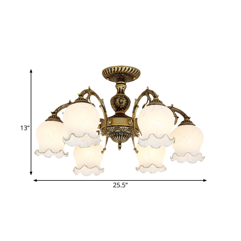 Frosted White Glass Bronze Semi Flush Lamp Flower 3/5/6-Bulb Antiqued Flush Ceiling Lighting Clearhalo 'Ceiling Lights' 'Close To Ceiling Lights' 'Close to ceiling' 'Glass shade' 'Glass' 'Semi-flushmount' Lighting' 808739