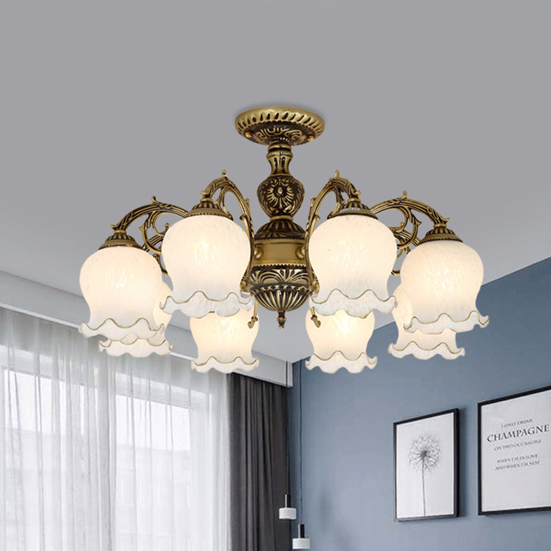 Frosted White Glass Bronze Semi Flush Lamp Flower 3/5/6-Bulb Antiqued Flush Ceiling Lighting Clearhalo 'Ceiling Lights' 'Close To Ceiling Lights' 'Close to ceiling' 'Glass shade' 'Glass' 'Semi-flushmount' Lighting' 808741