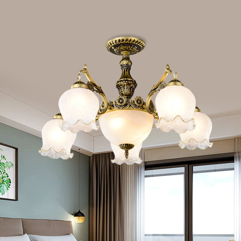 Bronze Finish Floral-Shape Semi Mount Lighting Warehouse White Glass 7/9/11-Light Living Room Ceiling Flush 7 Bronze Clearhalo 'Ceiling Lights' 'Chandeliers' 'Close To Ceiling Lights' 'Close to ceiling' 'Glass shade' 'Glass' 'Semi-flushmount' Lighting' 808745