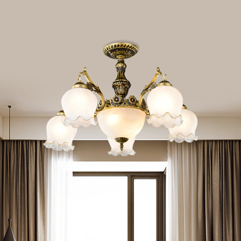 Bronze Finish Floral-Shape Semi Mount Lighting Warehouse White Glass 7/9/11-Light Living Room Ceiling Flush Clearhalo 'Ceiling Lights' 'Chandeliers' 'Close To Ceiling Lights' 'Close to ceiling' 'Glass shade' 'Glass' 'Semi-flushmount' Lighting' 808746