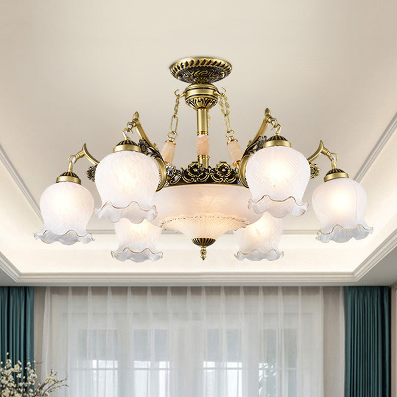 Bronze Finish Floral-Shape Semi Mount Lighting Warehouse White Glass 7/9/11-Light Living Room Ceiling Flush 9 Bronze Clearhalo 'Ceiling Lights' 'Chandeliers' 'Close To Ceiling Lights' 'Close to ceiling' 'Glass shade' 'Glass' 'Semi-flushmount' Lighting' 808749