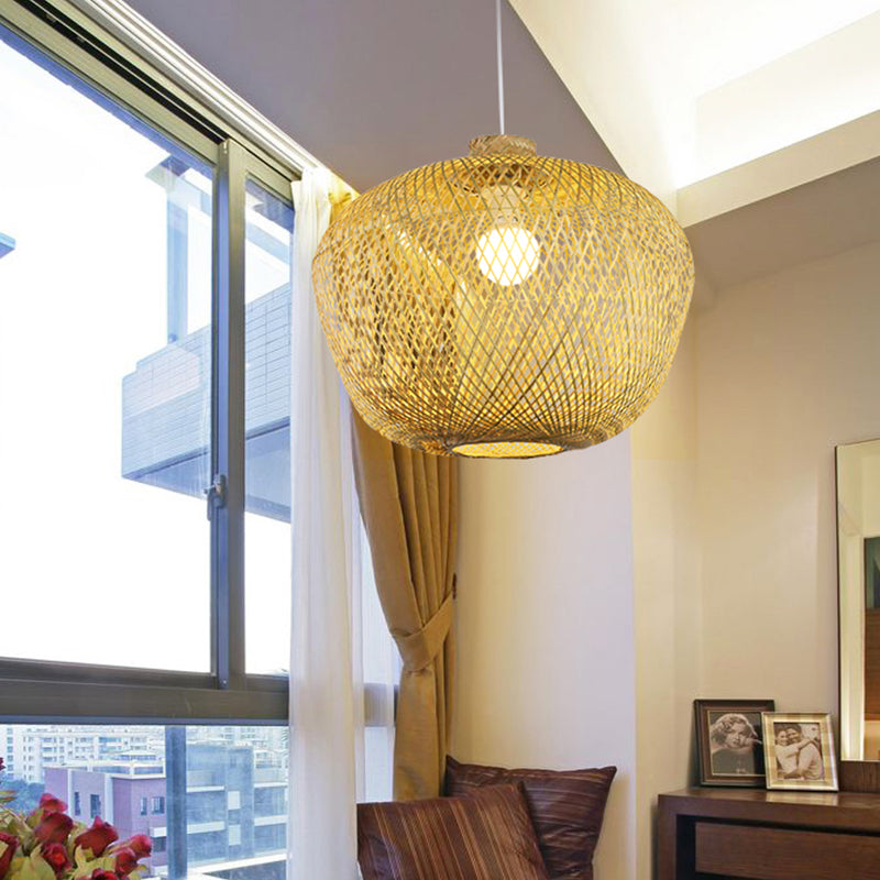 Asia Crock Bamboo Weaving Ceiling Lamp 1 Light Hanging Pendant in Beige for Living Room Clearhalo 'Ceiling Lights' 'Pendant Lights' 'Pendants' Lighting' 809090