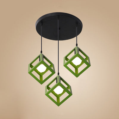 Squared Cage Metallic Ceiling Fixture Industrial Style 3 Head Hallway Pendant Light with Round/Linear Canopy in Red/Yellow Green Round Clearhalo 'Ceiling Lights' 'Modern Pendants' 'Modern' 'Pendant Lights' 'Pendants' Lighting' 80911