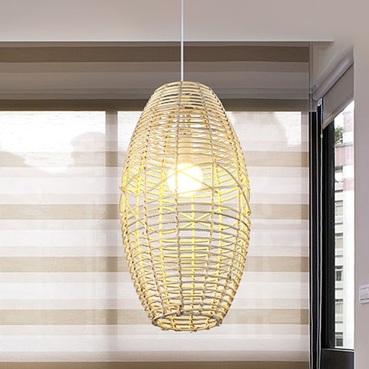 Hand Braided Ellipse Bistro Pendant Lamp Bamboo 1 Bulb Chinese Hanging Light in Beige Clearhalo 'Ceiling Lights' 'Pendant Lights' 'Pendants' Lighting' 809119