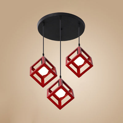 Squared Cage Metallic Ceiling Fixture Industrial Style 3 Head Hallway Pendant Light with Round/Linear Canopy in Red/Yellow Red Round Clearhalo 'Ceiling Lights' 'Modern Pendants' 'Modern' 'Pendant Lights' 'Pendants' Lighting' 80912