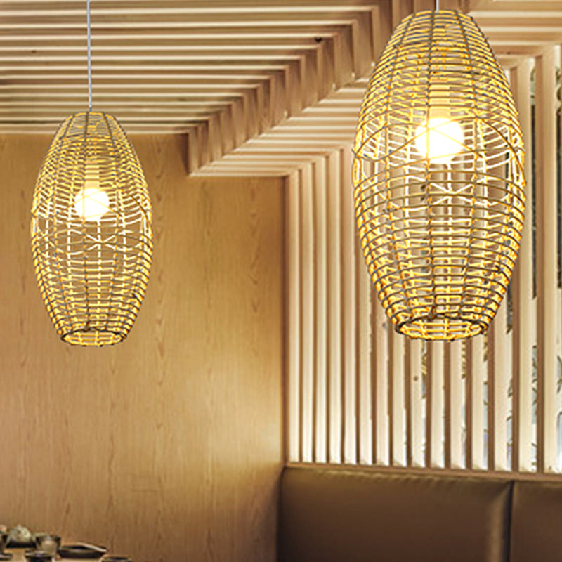 Hand Braided Ellipse Bistro Pendant Lamp Bamboo 1 Bulb Chinese Hanging Light in Beige Clearhalo 'Ceiling Lights' 'Pendant Lights' 'Pendants' Lighting' 809120