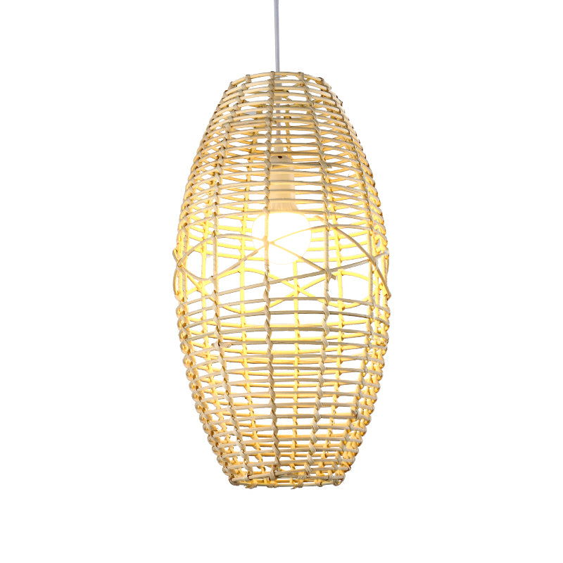 Hand Braided Ellipse Bistro Pendant Lamp Bamboo 1 Bulb Chinese Hanging Light in Beige Clearhalo 'Ceiling Lights' 'Pendant Lights' 'Pendants' Lighting' 809121