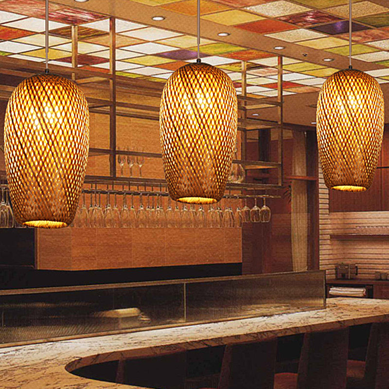 Crisscross Woven Ceiling Hanging Lantern Chinese Bamboo 1 Bulb Brown Pendant Light Fixture for Restaurant Brown Clearhalo 'Ceiling Lights' 'Pendant Lights' 'Pendants' Lighting' 809129_34fe64c4-9d08-471d-9c1a-fdc2ac087ab2