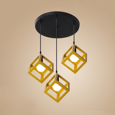 Squared Cage Metallic Ceiling Fixture Industrial Style 3 Head Hallway Pendant Light with Round/Linear Canopy in Red/Yellow Yellow Round Clearhalo 'Ceiling Lights' 'Modern Pendants' 'Modern' 'Pendant Lights' 'Pendants' Lighting' 80913