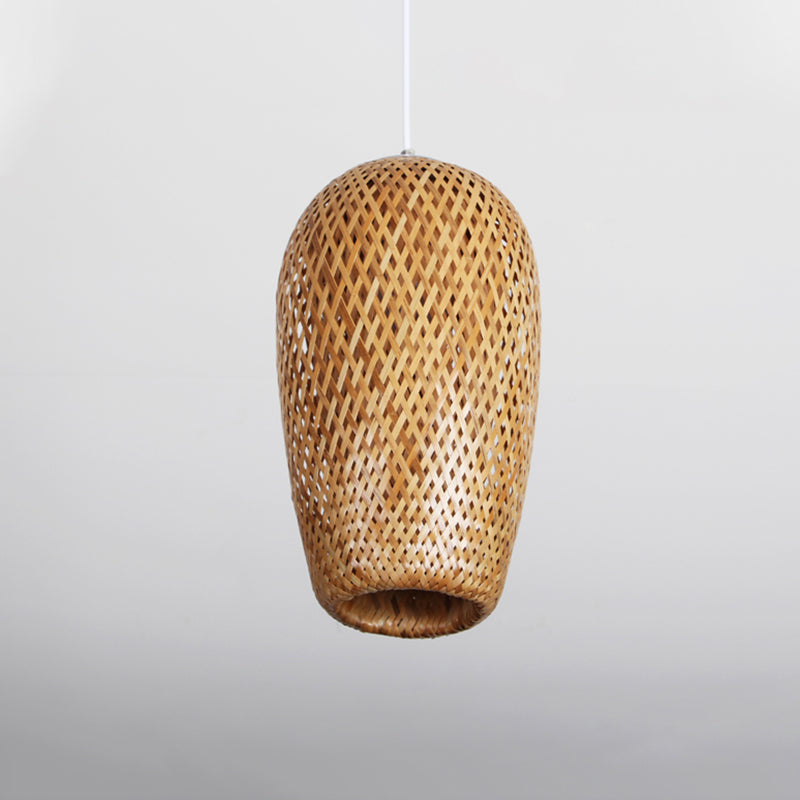 Crisscross Woven Ceiling Hanging Lantern Chinese Bamboo 1 Bulb Brown Pendant Light Fixture for Restaurant Clearhalo 'Ceiling Lights' 'Pendant Lights' 'Pendants' Lighting' 809132