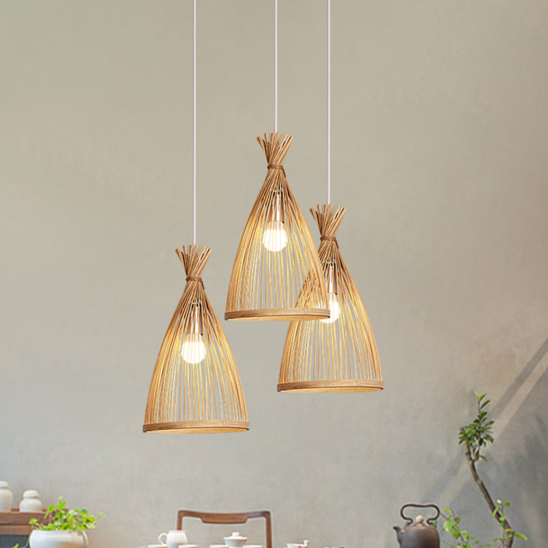 Wood Tapered Cage Pendant Lamp Japanese 1 Head Bamboo Suspended Lighting Fixture Clearhalo 'Ceiling Lights' 'Pendant Lights' 'Pendants' Lighting' 809139