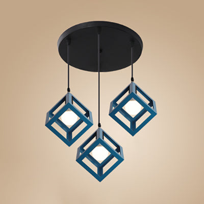 Squared Cage Metallic Ceiling Fixture Industrial Style 3 Head Hallway Pendant Light with Round/Linear Canopy in Red/Yellow Blue Round Clearhalo 'Ceiling Lights' 'Modern Pendants' 'Modern' 'Pendant Lights' 'Pendants' Lighting' 80914