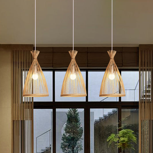 Wood Tapered Cage Pendant Lamp Japanese 1 Head Bamboo Suspended Lighting Fixture Clearhalo 'Ceiling Lights' 'Pendant Lights' 'Pendants' Lighting' 809140