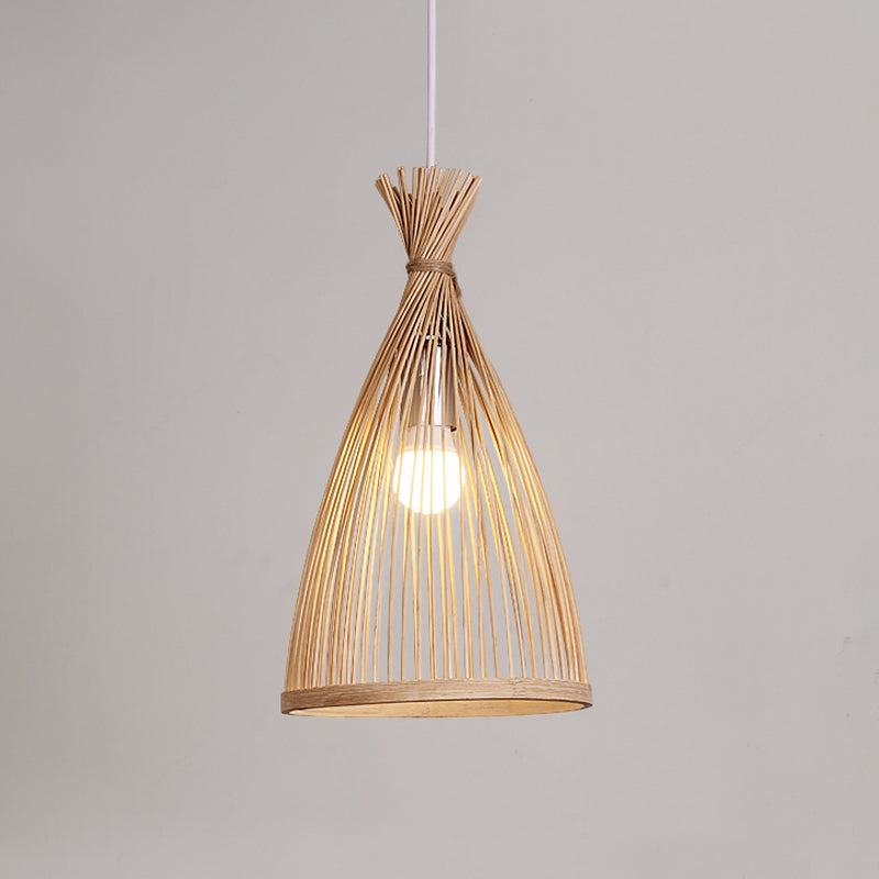 Wood Tapered Cage Pendant Lamp Japanese 1 Head Bamboo Suspended Lighting Fixture Clearhalo 'Ceiling Lights' 'Pendant Lights' 'Pendants' Lighting' 809142