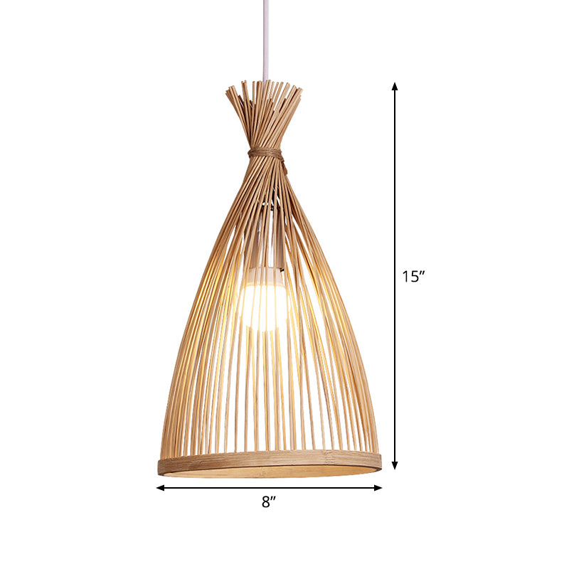 Wood Tapered Cage Pendant Lamp Japanese 1 Head Bamboo Suspended Lighting Fixture Clearhalo 'Ceiling Lights' 'Pendant Lights' 'Pendants' Lighting' 809143