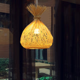 Cross-Woven Bamboo Sack Bag Pendant Chinese 1 Bulb Khaki Hanging Ceiling Light for Guest Room Clearhalo 'Ceiling Lights' 'Pendant Lights' 'Pendants' Lighting' 809144