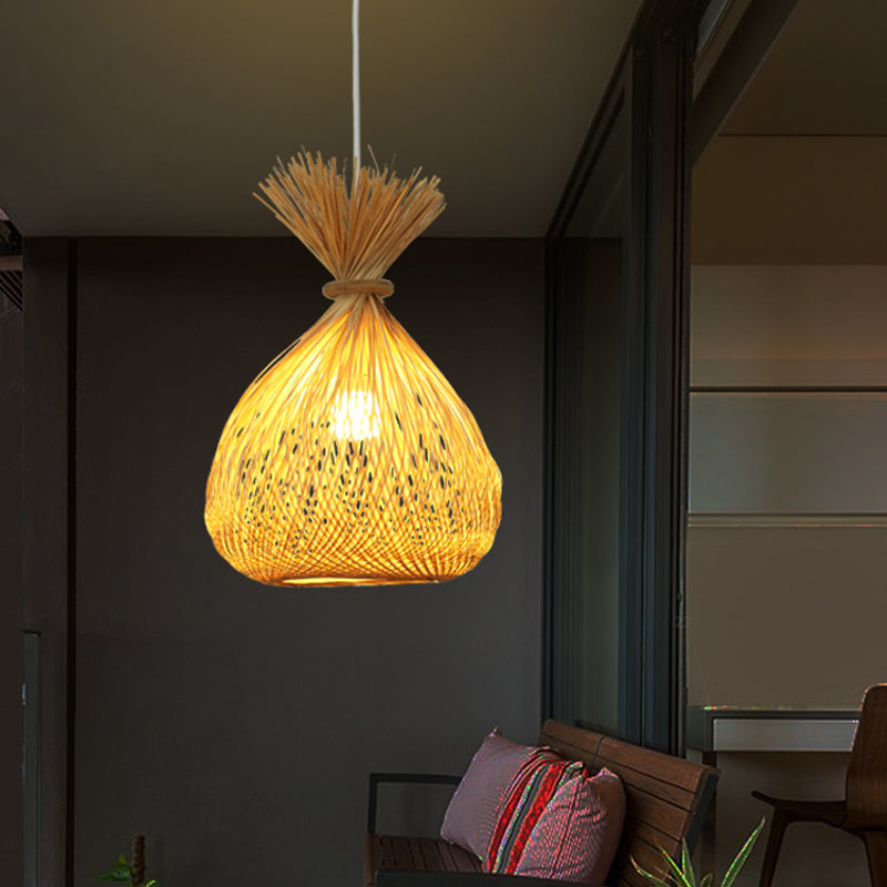 Cross-Woven Bamboo Sack Bag Pendant Chinese 1 Bulb Khaki Hanging Ceiling Light for Guest Room Clearhalo 'Ceiling Lights' 'Pendant Lights' 'Pendants' Lighting' 809145