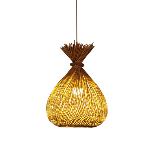 Cross-Woven Bamboo Sack Bag Pendant Chinese 1 Bulb Khaki Hanging Ceiling Light for Guest Room Clearhalo 'Ceiling Lights' 'Pendant Lights' 'Pendants' Lighting' 809146