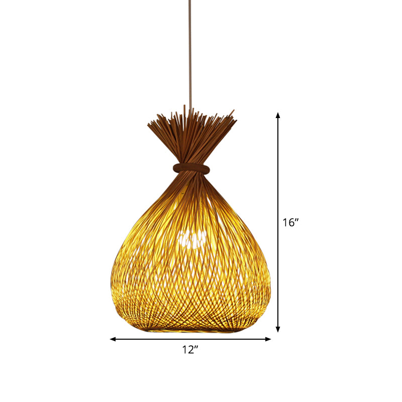 Cross-Woven Bamboo Sack Bag Pendant Chinese 1 Bulb Khaki Hanging Ceiling Light for Guest Room Clearhalo 'Ceiling Lights' 'Pendant Lights' 'Pendants' Lighting' 809148