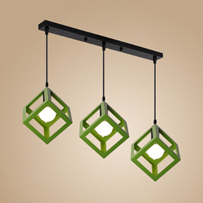 Squared Cage Metallic Ceiling Fixture Industrial Style 3 Head Hallway Pendant Light with Round/Linear Canopy in Red/Yellow Green Linear Clearhalo 'Ceiling Lights' 'Modern Pendants' 'Modern' 'Pendant Lights' 'Pendants' Lighting' 80915