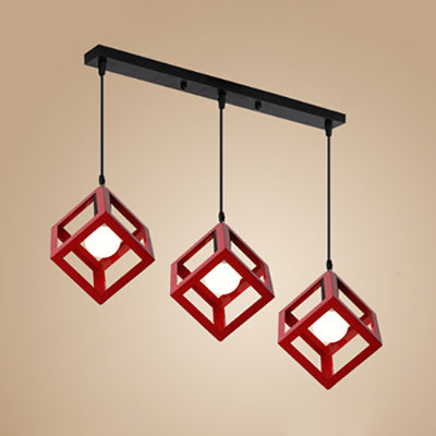 Squared Cage Metallic Ceiling Fixture Industrial Style 3 Head Hallway Pendant Light with Round/Linear Canopy in Red/Yellow Red Linear Clearhalo 'Ceiling Lights' 'Modern Pendants' 'Modern' 'Pendant Lights' 'Pendants' Lighting' 80916