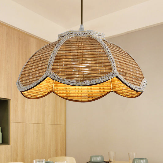 Hand Woven Scalloped Hanging Lamp Asian Bamboo 1 Bulb Restaurant Ceiling Pendant with Braided Trim Clearhalo 'Ceiling Lights' 'Pendant Lights' 'Pendants' Lighting' 809160