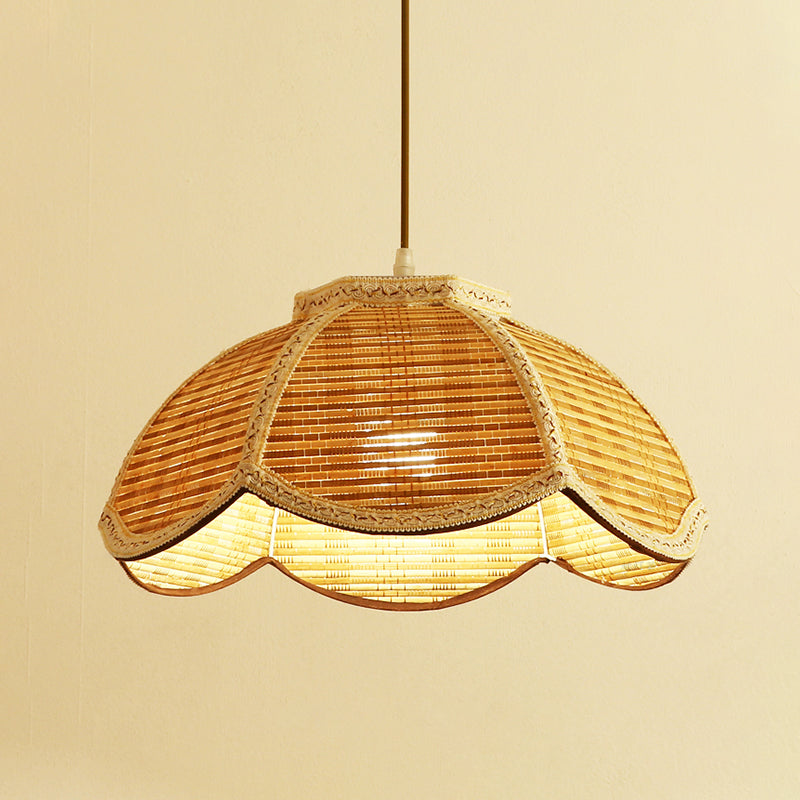 Hand Woven Scalloped Hanging Lamp Asian Bamboo 1 Bulb Restaurant Ceiling Pendant with Braided Trim Clearhalo 'Ceiling Lights' 'Pendant Lights' 'Pendants' Lighting' 809162