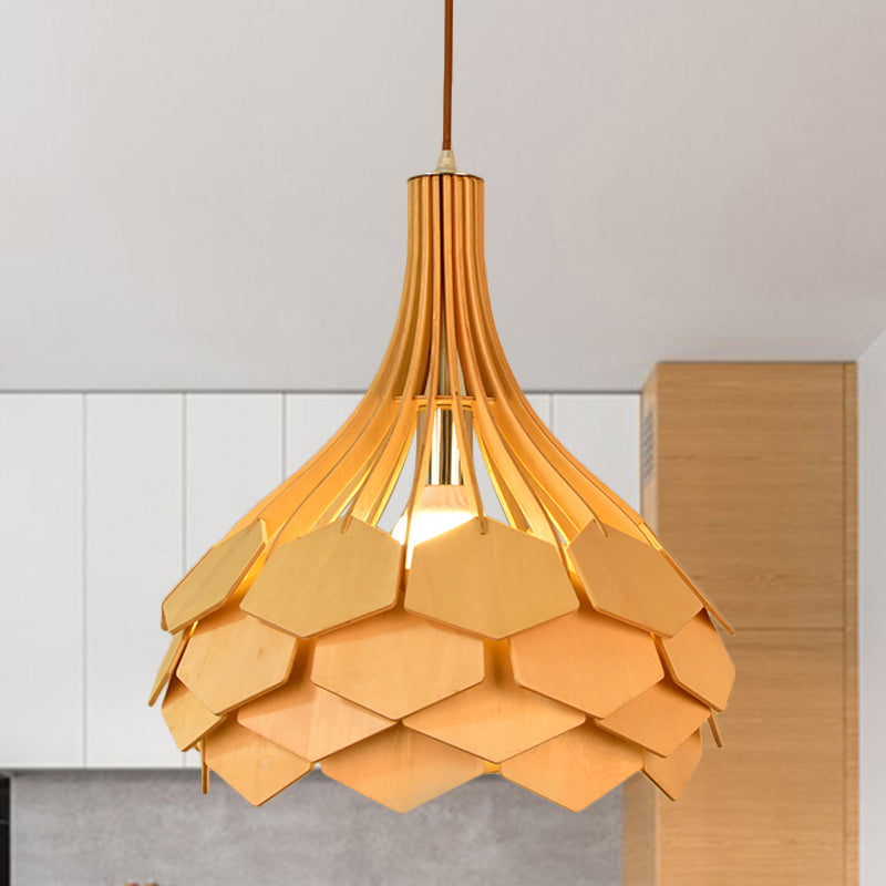 Teardrop Pendant Light Fixture Asia Wood Single Beige Hanging Lamp with Pinecone Element Clearhalo 'Ceiling Lights' 'Pendant Lights' 'Pendants' Lighting' 809169