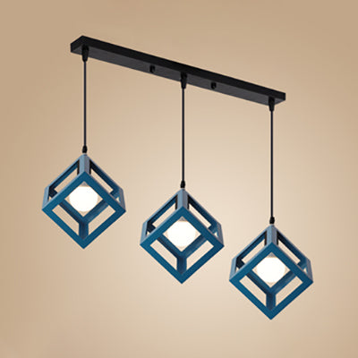 Squared Cage Metallic Ceiling Fixture Industrial Style 3 Head Hallway Pendant Light with Round/Linear Canopy in Red/Yellow Blue Linear Clearhalo 'Ceiling Lights' 'Modern Pendants' 'Modern' 'Pendant Lights' 'Pendants' Lighting' 80917