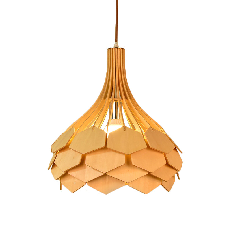 Teardrop Pendant Light Fixture Asia Wood Single Beige Hanging Lamp with Pinecone Element Clearhalo 'Ceiling Lights' 'Pendant Lights' 'Pendants' Lighting' 809171