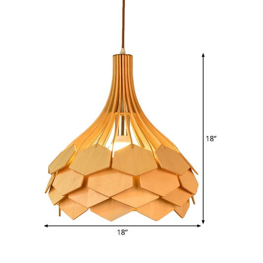 Teardrop Pendant Light Fixture Asia Wood Single Beige Hanging Lamp with Pinecone Element Clearhalo 'Ceiling Lights' 'Pendant Lights' 'Pendants' Lighting' 809173