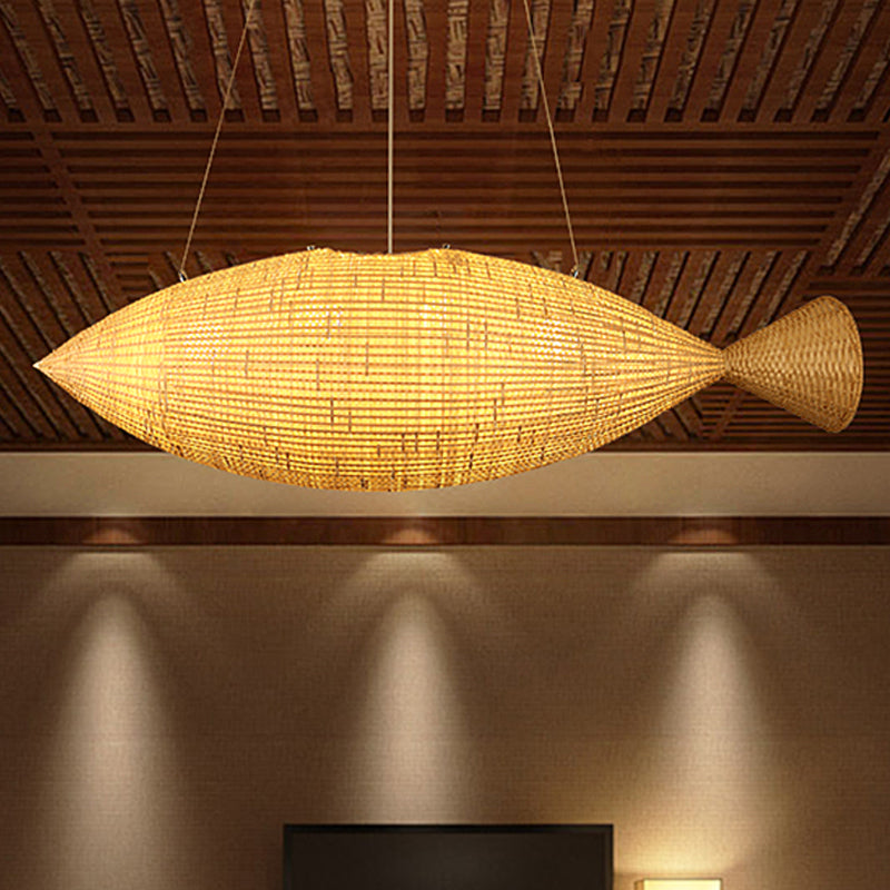 Hand Weaving Fish Bamboo Drop Lamp Chinese 2 Bulbs Beige Pendant Chandelier for Restaurant Clearhalo 'Ceiling Lights' 'Chandeliers' Lighting' options 809174