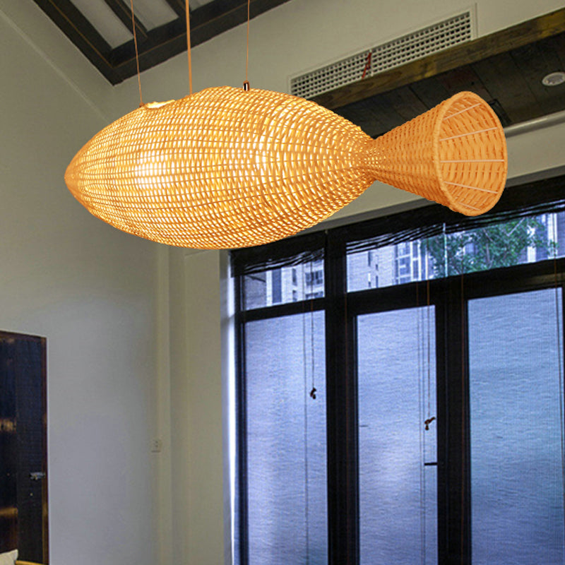 Hand Weaving Fish Bamboo Drop Lamp Chinese 2 Bulbs Beige Pendant Chandelier for Restaurant Clearhalo 'Ceiling Lights' 'Chandeliers' Lighting' options 809175