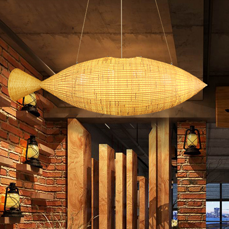 Hand Weaving Fish Bamboo Drop Lamp Chinese 2 Bulbs Beige Pendant Chandelier for Restaurant Clearhalo 'Ceiling Lights' 'Chandeliers' Lighting' options 809176