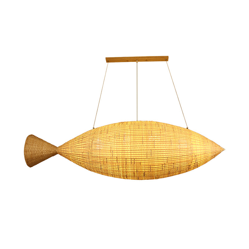 Hand Weaving Fish Bamboo Drop Lamp Chinese 2 Bulbs Beige Pendant Chandelier for Restaurant Clearhalo 'Ceiling Lights' 'Chandeliers' Lighting' options 809177