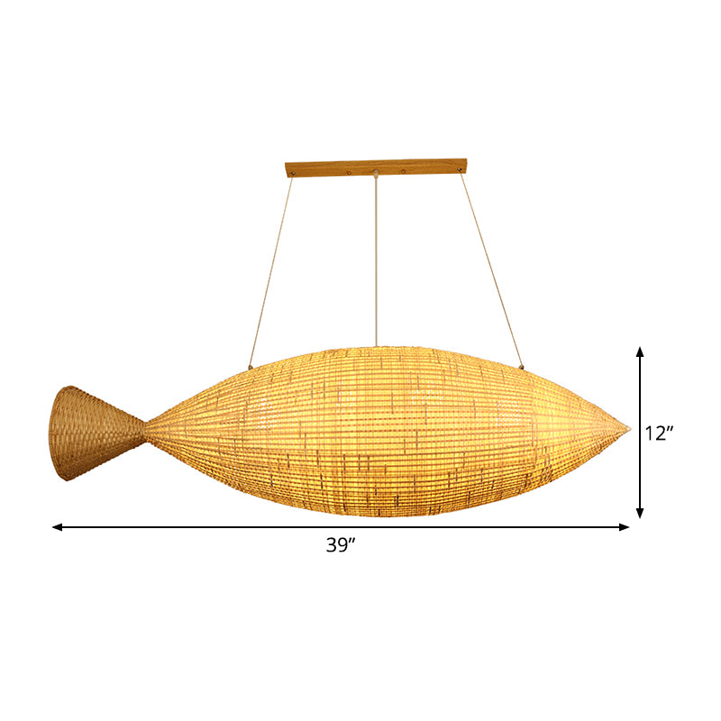 Hand Weaving Fish Bamboo Drop Lamp Chinese 2 Bulbs Beige Pendant Chandelier for Restaurant Clearhalo 'Ceiling Lights' 'Chandeliers' Lighting' options 809178